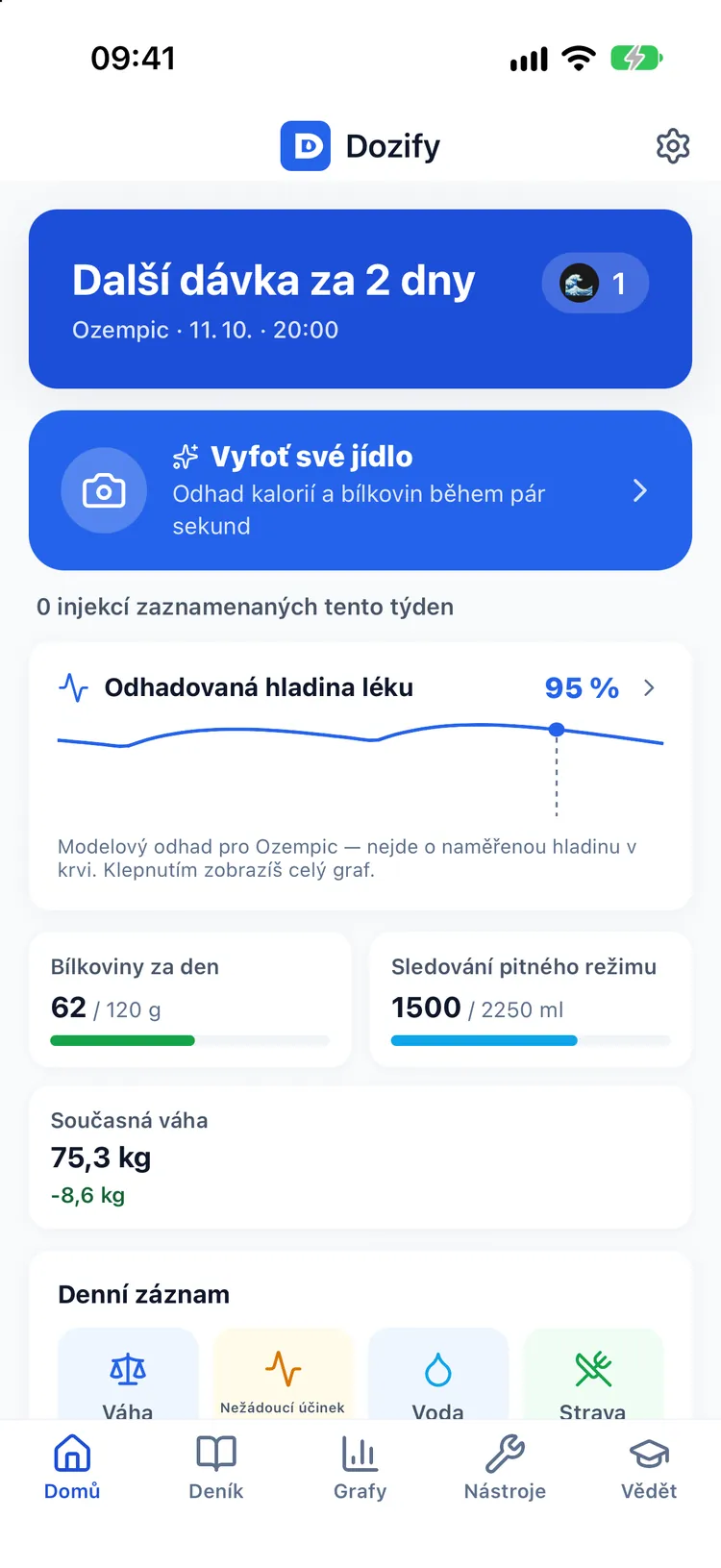 Domovská obrazovka Dozify v motivu Delfín: další dávka, Vyfoť své jídlo, hladina léku, bílkoviny, voda a váha