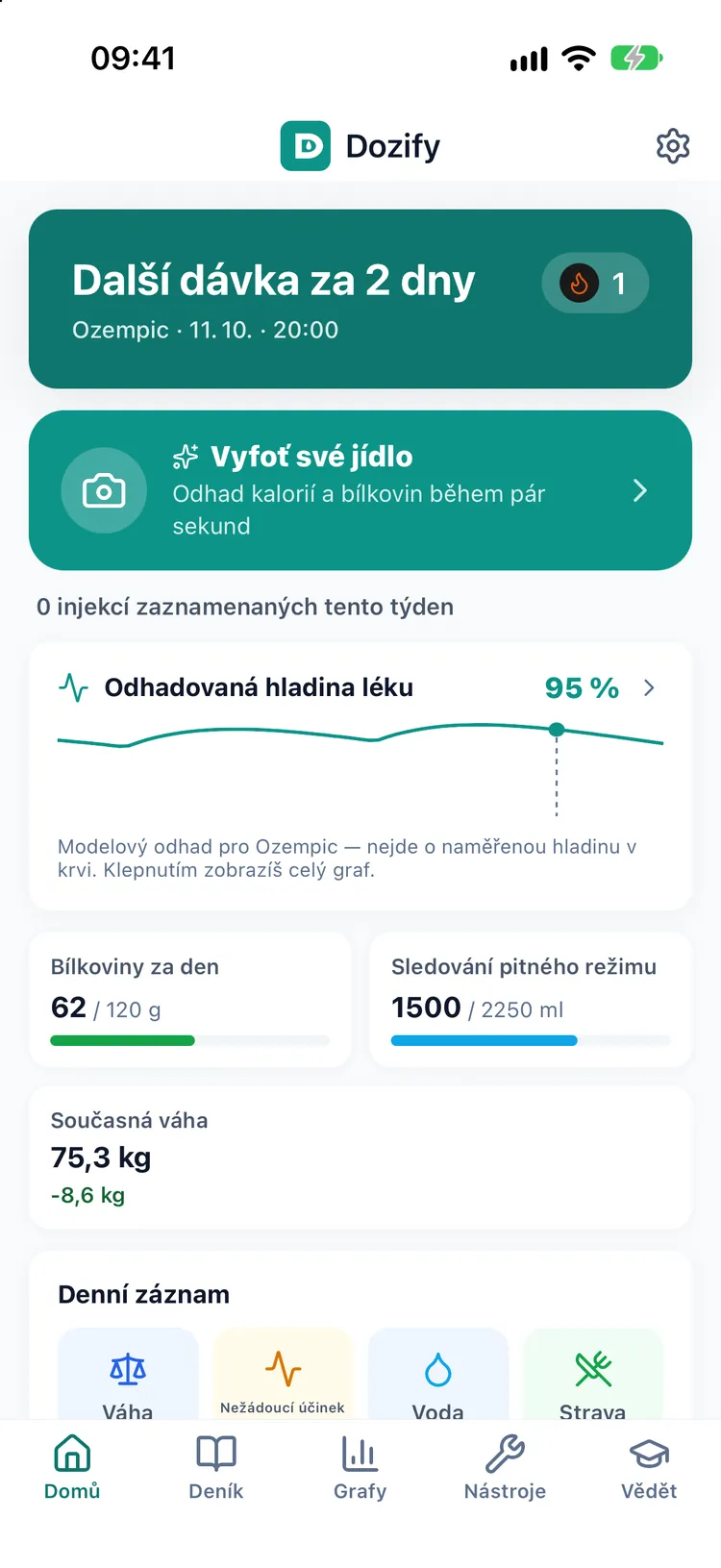 Domovská obrazovka Dozify: odpočet do příští dávky, injekce tohoto týdne, bílkoviny a voda za den a aktuální hmotnost