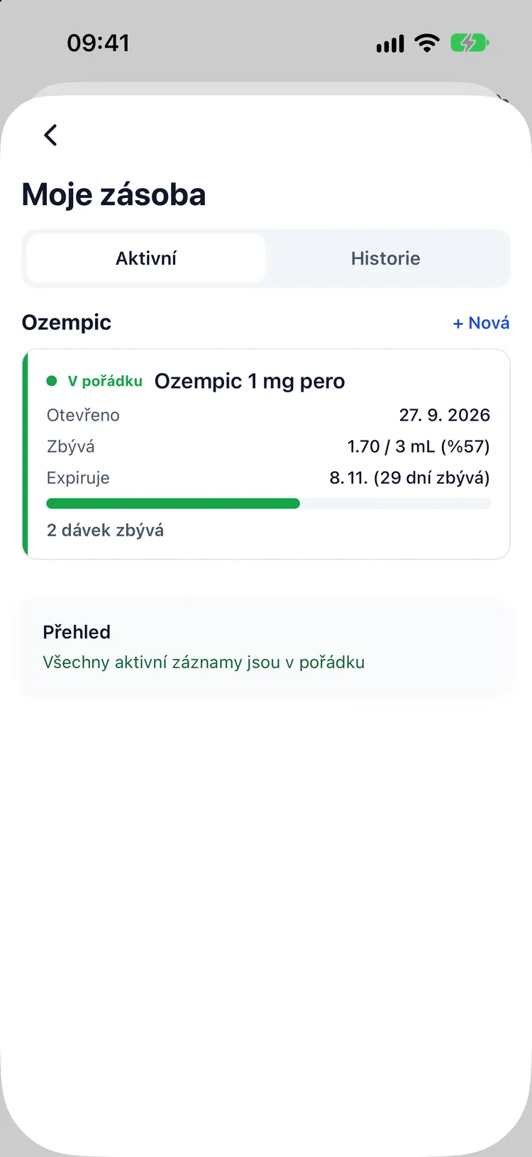 Zásoba lahviček, zbývající dávky, dny od otevření a datum expirace