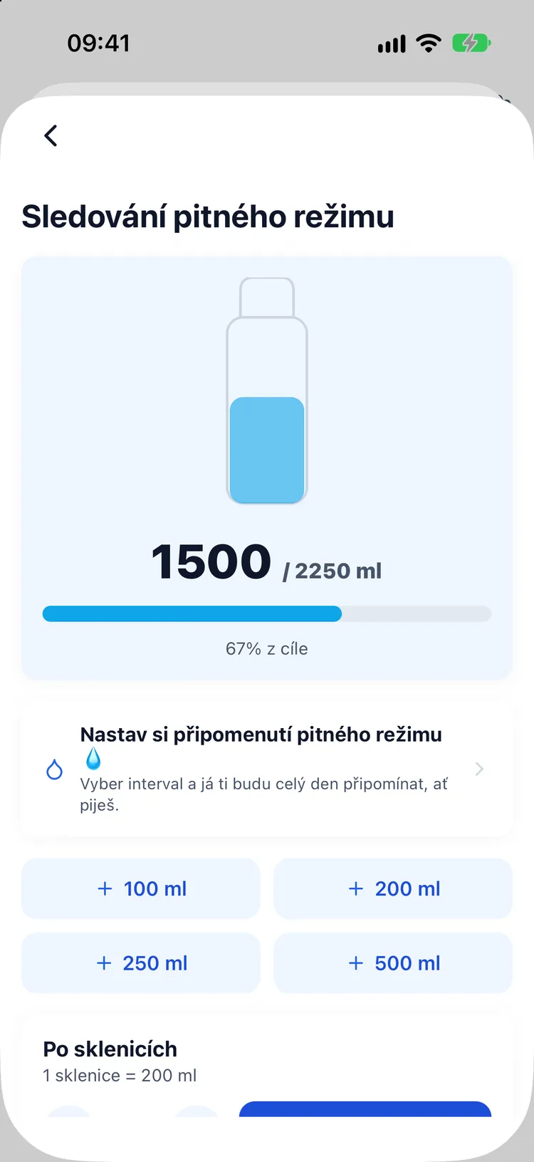 Sledování vody s kalkulačkou sklenic a rychlým přidáním množství