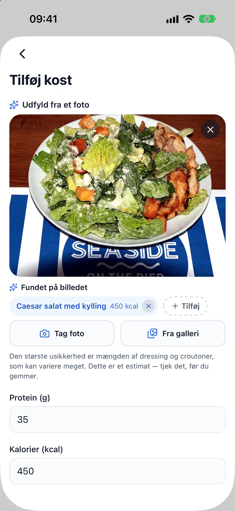 AI-resultat: hver ting fundet på tallerkenen med kalorier og protein, klar til at blive rettet