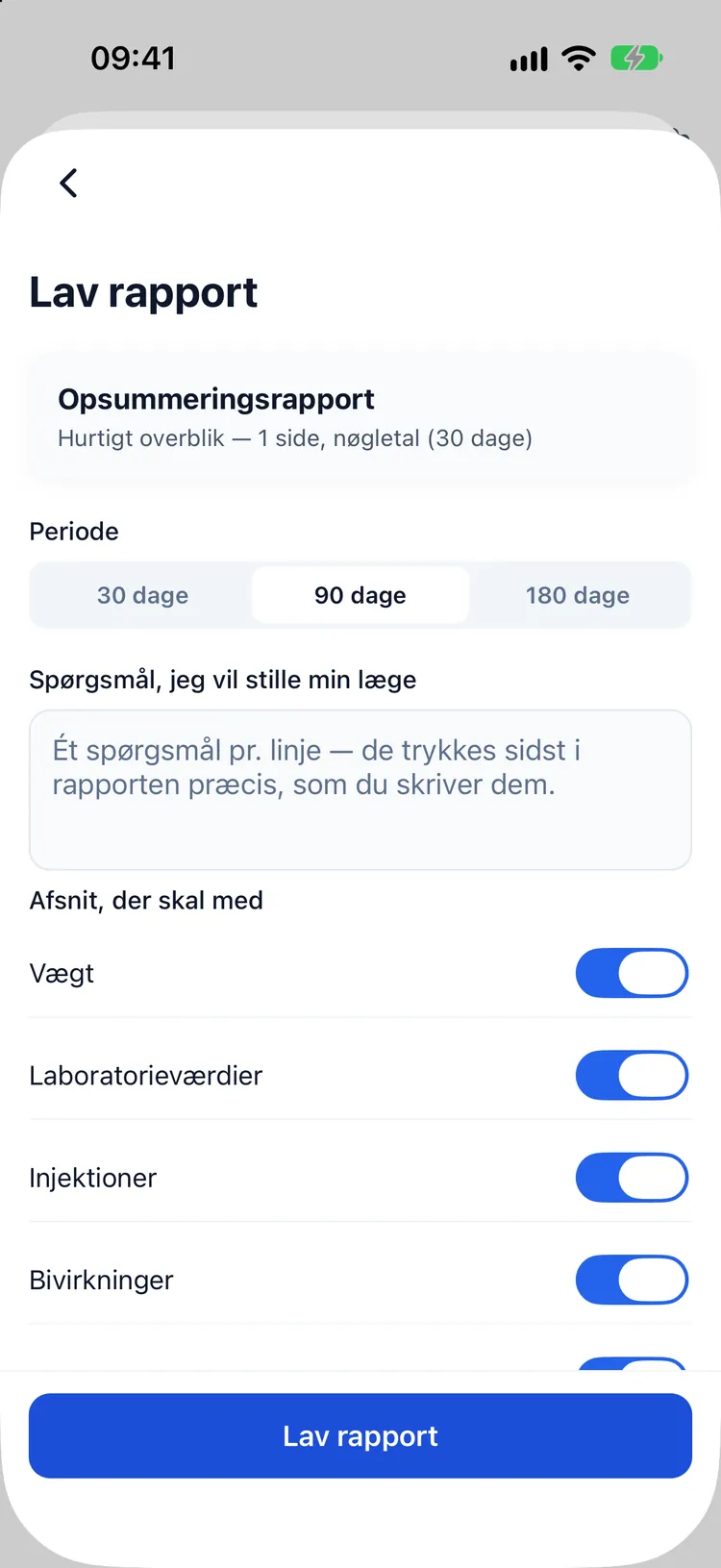 Opbygning af en rapport til lægebesøget: periode, afsnit der skal med, og de spørgsmål, du vil stille