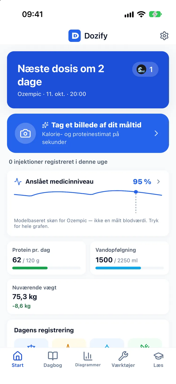 Dozifys startskærm i Delfin-temaet: næste dosis, Tag et billede af dit måltid, medicinniveau, protein, vand og vægt