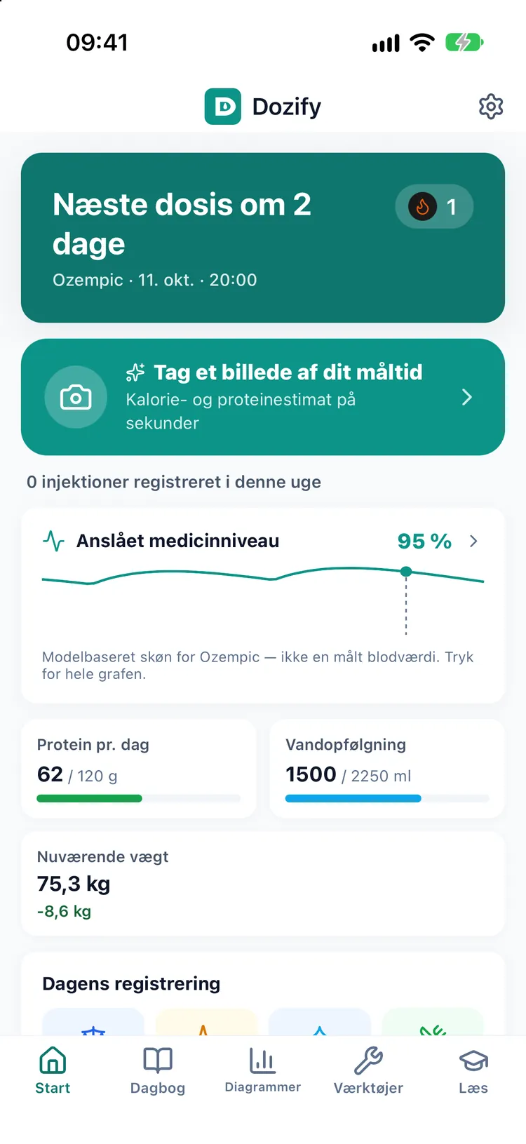 Dozifys startskærm: nedtælling til næste dosis, ugens injektioner, dagens protein og vand samt nuværende vægt