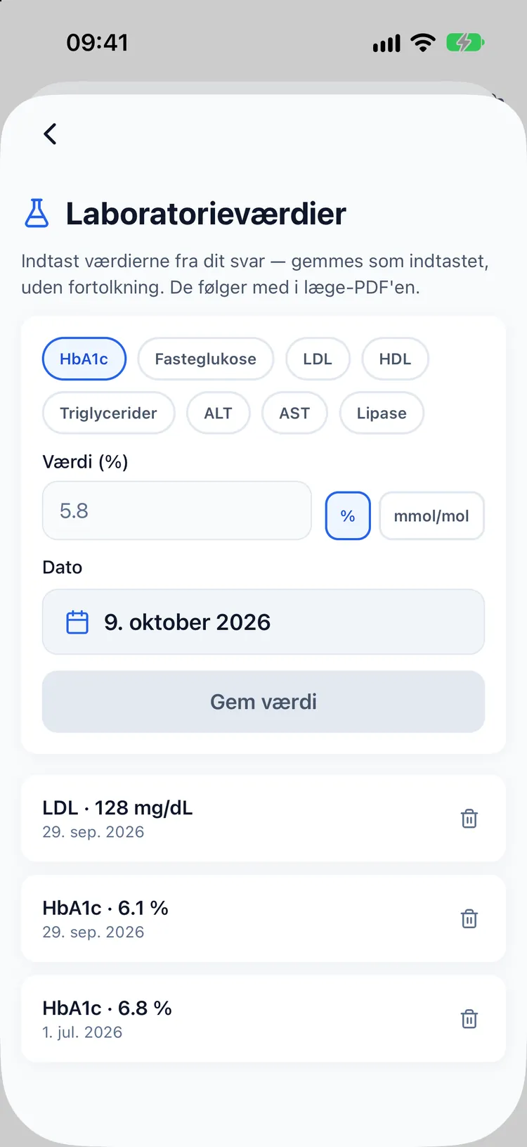 Skærm med blodprøvesvar, hvor HbA1c og LDL er gemt præcis som indtastet
