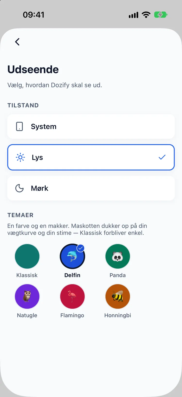 Temavælger med seks maskotter: Klassisk, Delfin, Panda, Natugle, Flamingo og Honningbi