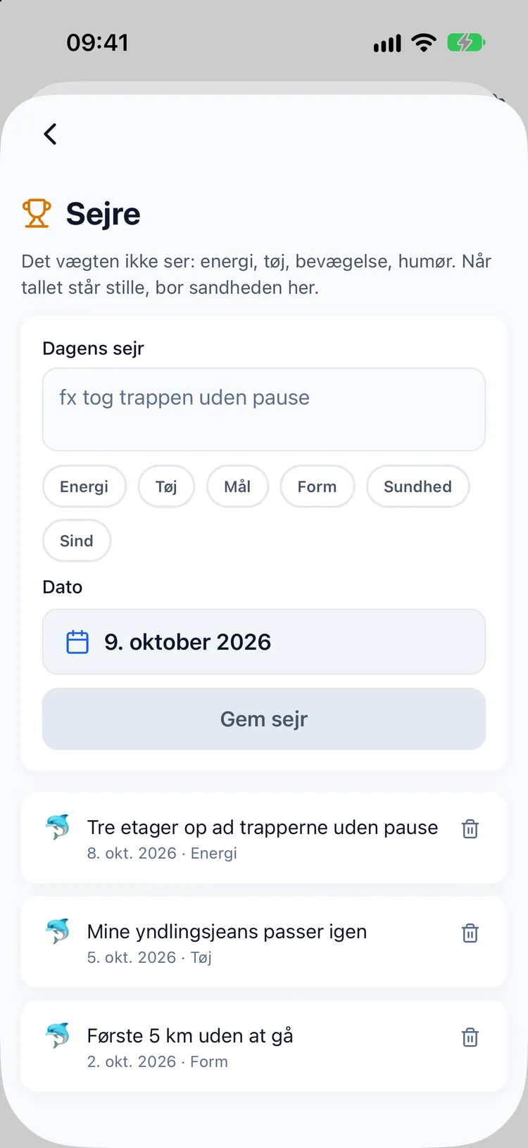 Sejrsdagbogen med noter som tøj, der passer bedre, og trapper, der er blevet lettere