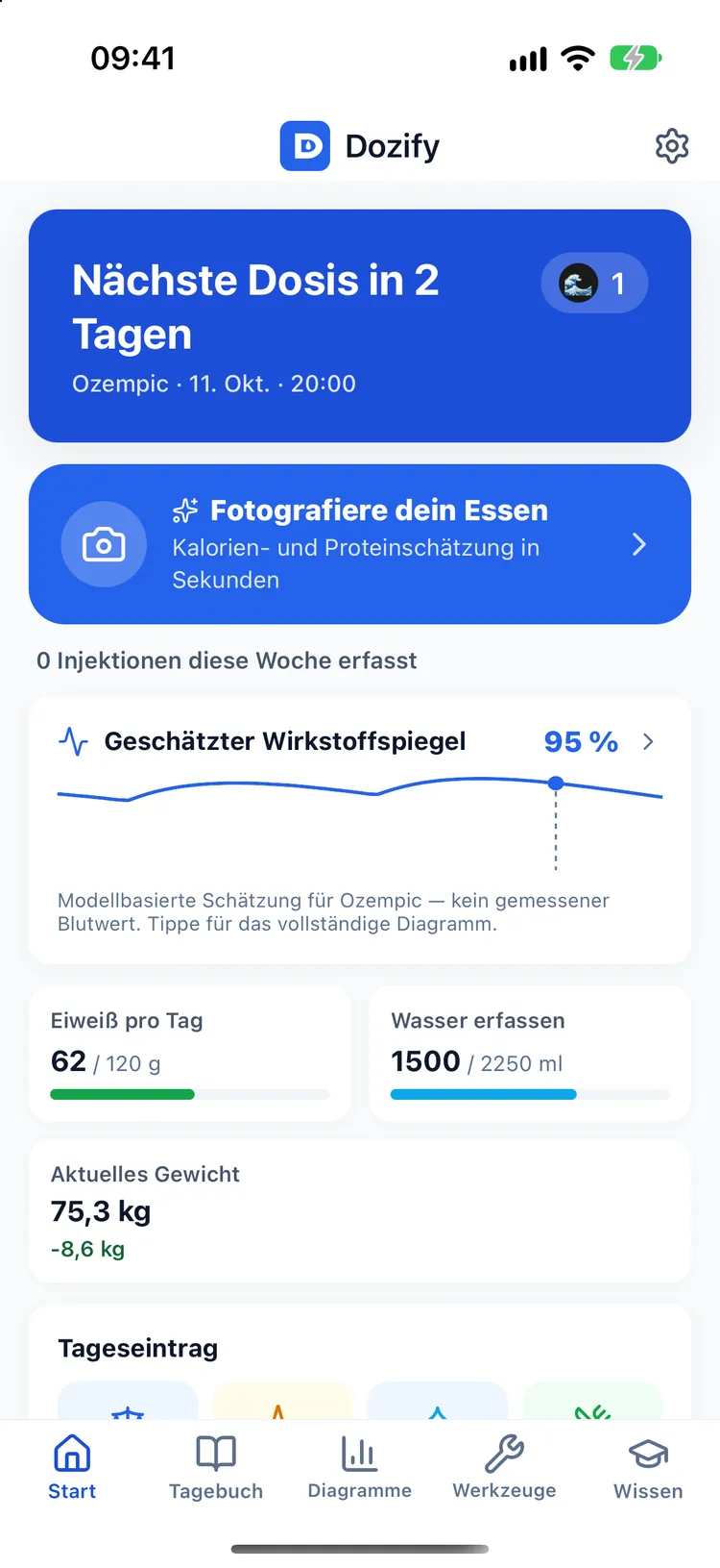 Der Dozify-Startbildschirm im Delfin-Theme: nächste Dosis, „Fotografiere dein Essen“, Medikamentenspiegel, Protein, Wasser und Gewicht