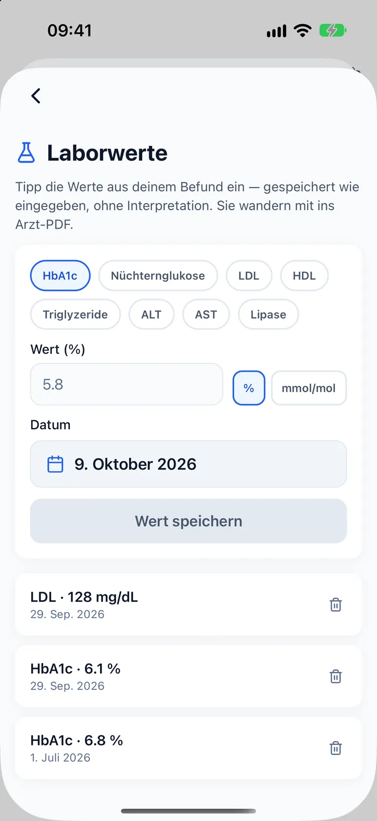 Laborwerte-Bildschirm mit HbA1c- und LDL-Einträgen, genau so gespeichert, wie sie eingegeben wurden