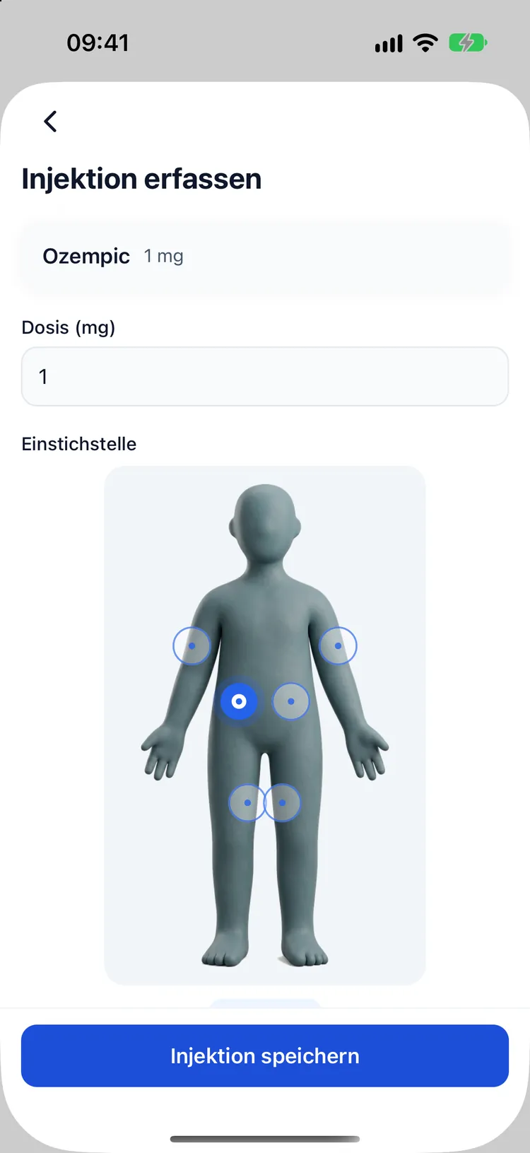 Eine Spritze mit einer Körperkarte eintragen, die die nächste Einstichstelle vorschlägt