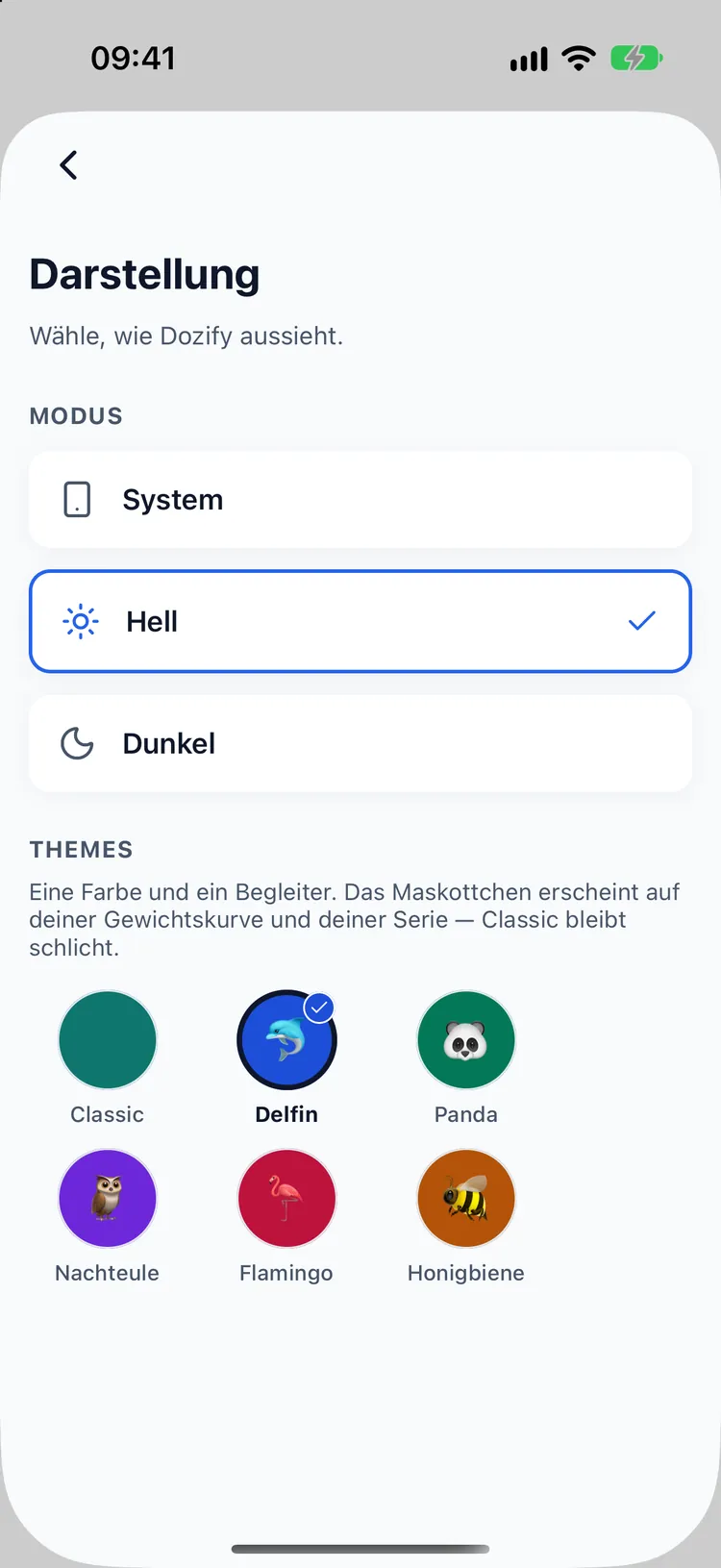 Theme-Auswahl mit sechs Maskottchen: Classic, Delfin, Panda, Nachteule, Flamingo und Honigbiene