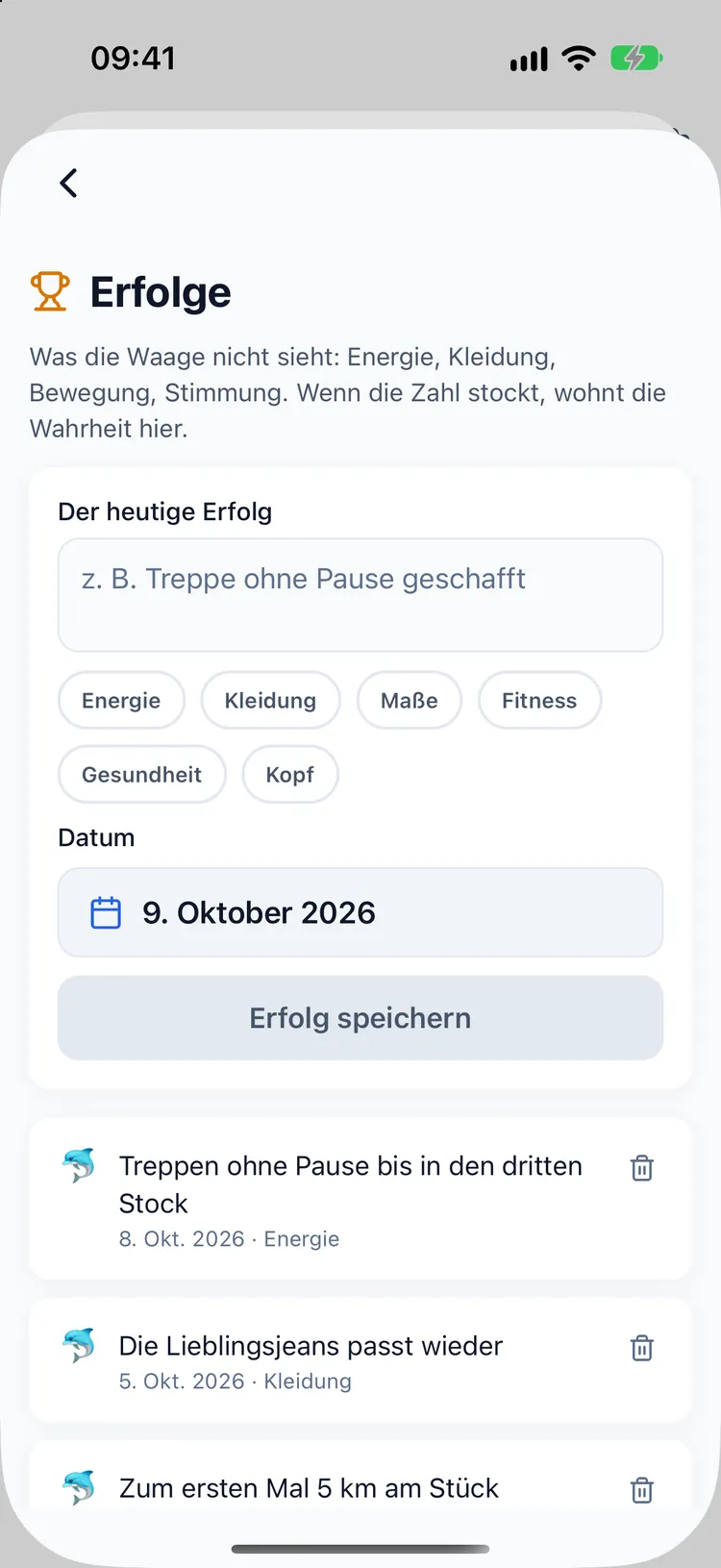Das Erfolgstagebuch mit Einträgen wie besser sitzender Kleidung und leichteren Treppen