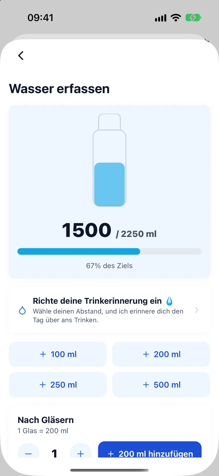 Wassertracking mit Glasrechner und Schnellauswahl-Mengen