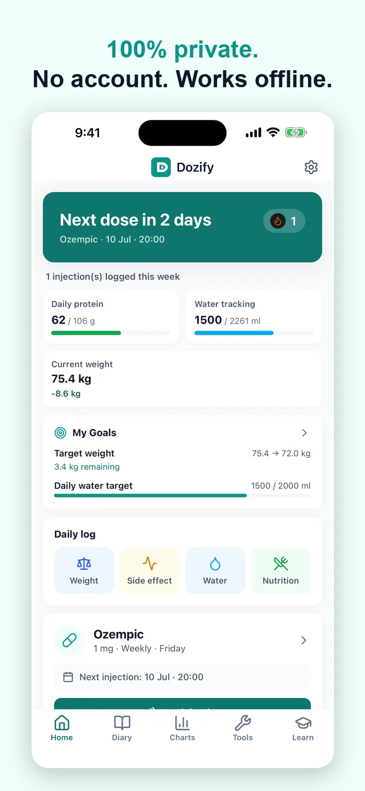 Dozify home screen — 100% private, no account, works offline, with weight-goal tracking