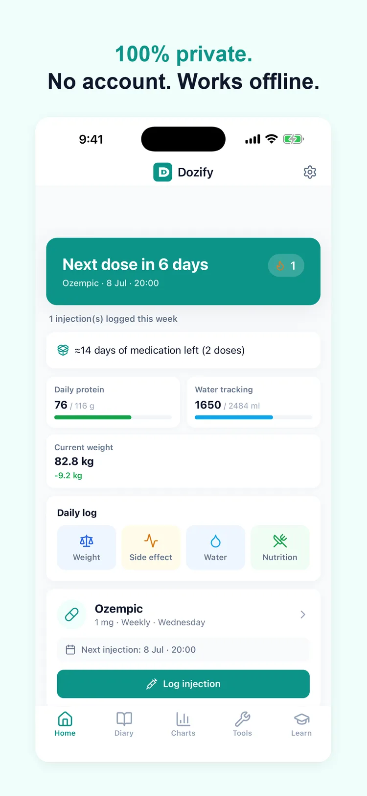 Dozify home screen — 100% private, no account, works offline