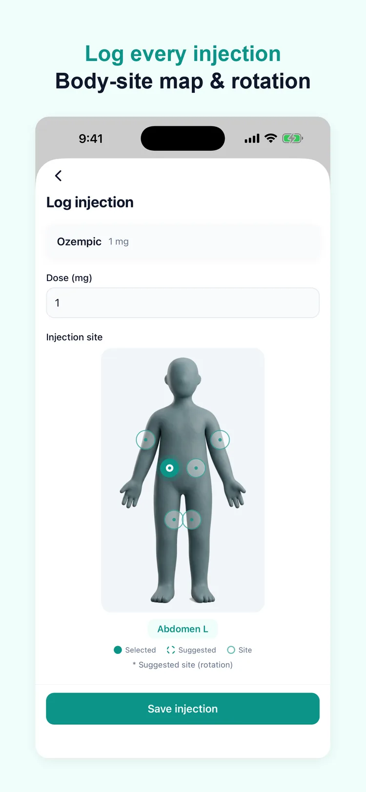 Logging an injection with a body-site map and rotation
