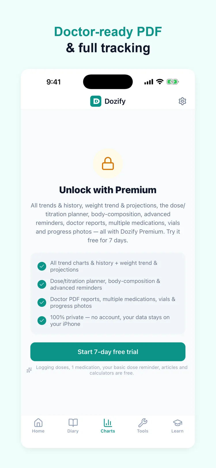 Doctor-ready PDF report and full tracking with Premium