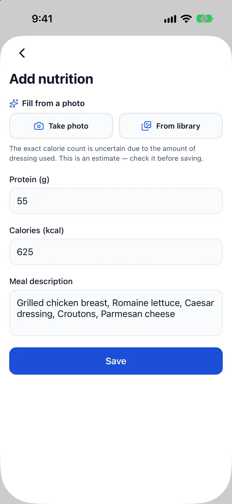 AI photo calorie estimate filled into the nutrition form: chicken Caesar salad, 625 kcal, 55 g protein, with an uncertainty note