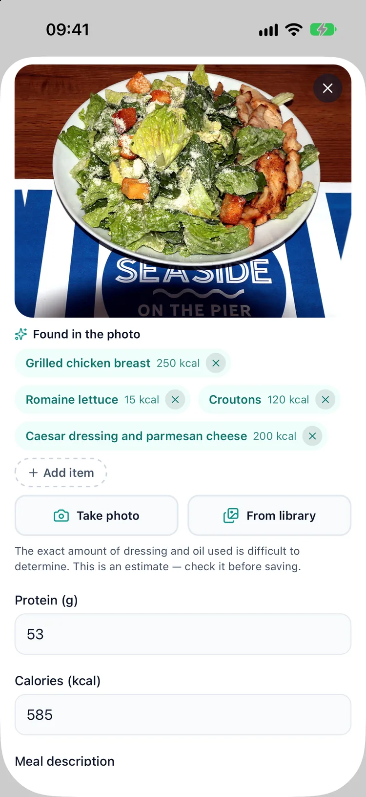 AI result: each item found on the plate with its calories and protein, ready to edit