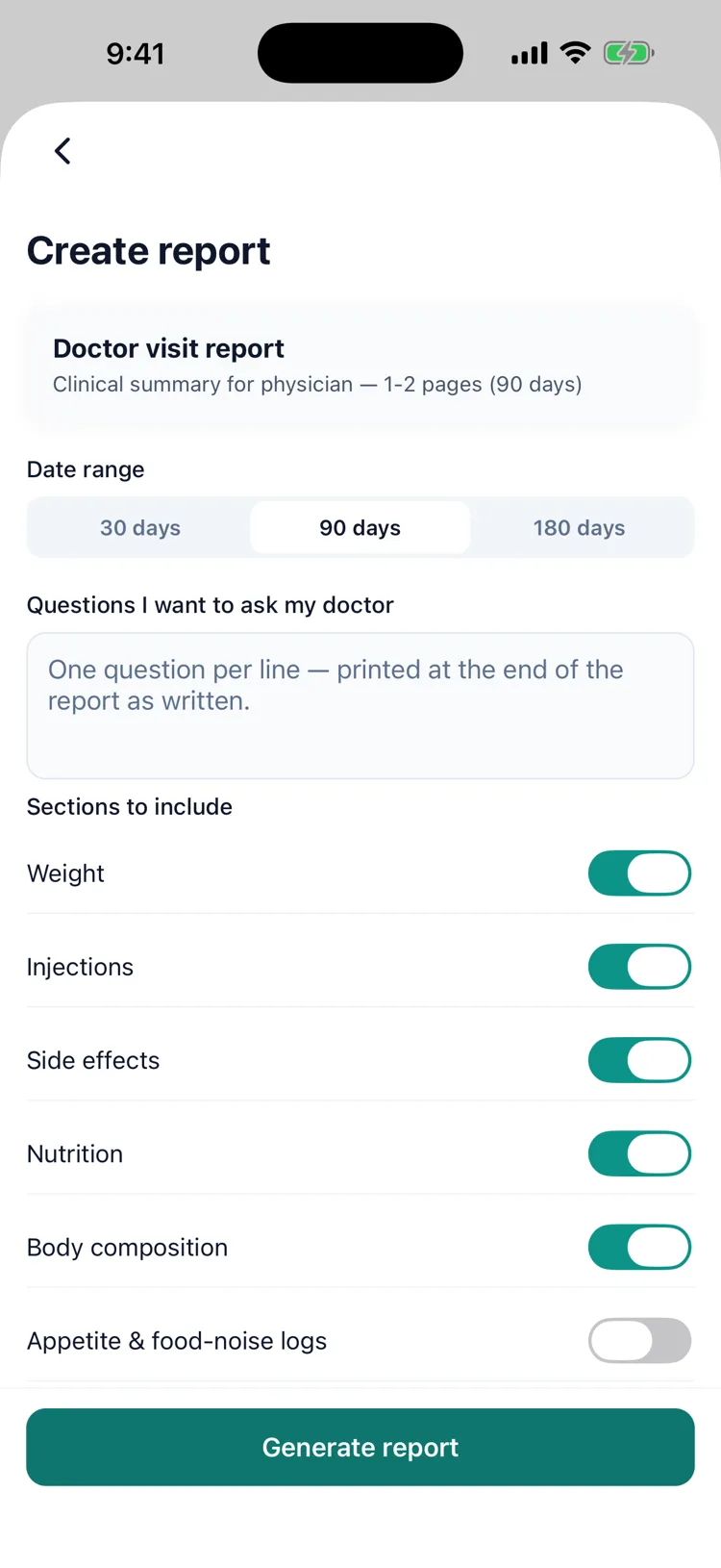 Building a doctor-visit report: date range, sections to include, and the questions you want to ask