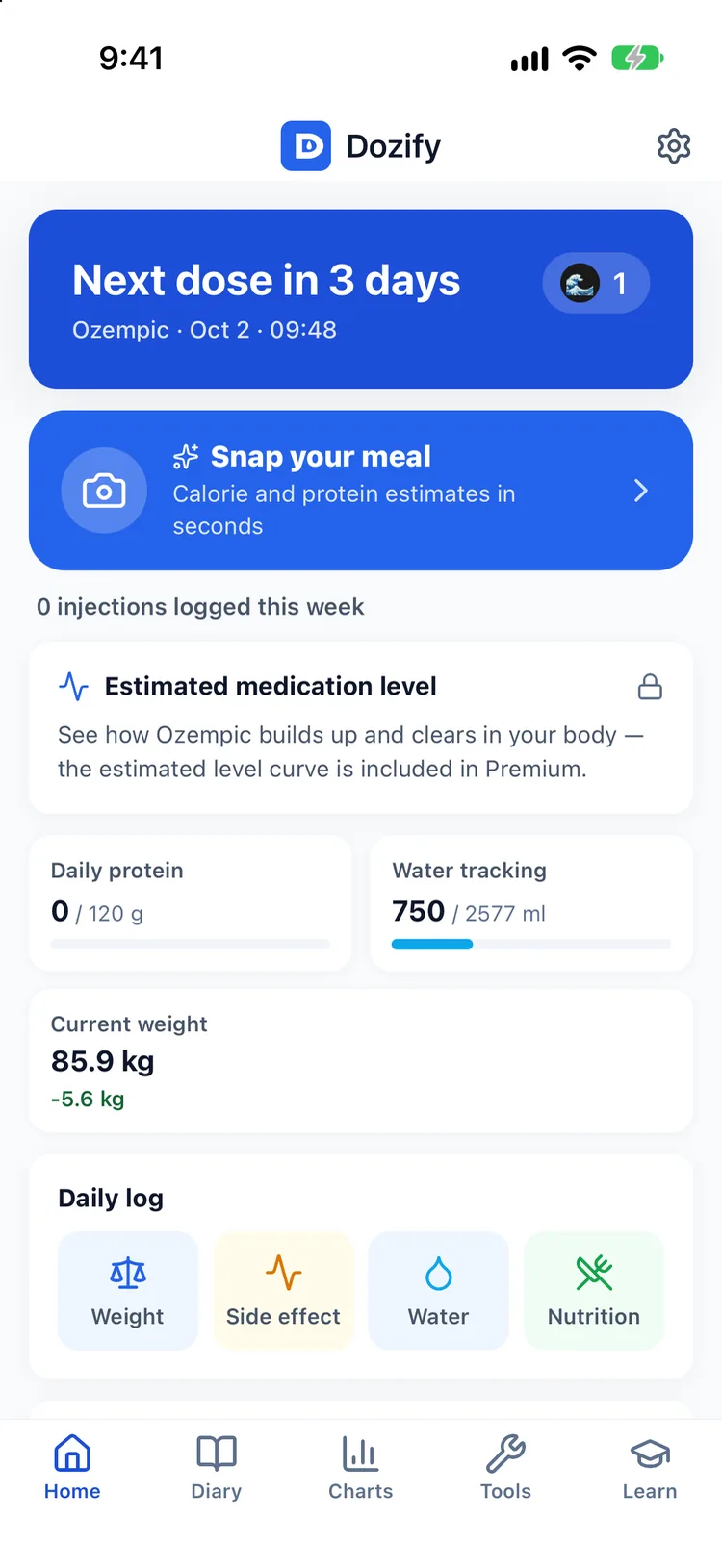 The Dozify home screen in the Dolphin theme: next dose, snap your meal, medication level, protein, water and weight