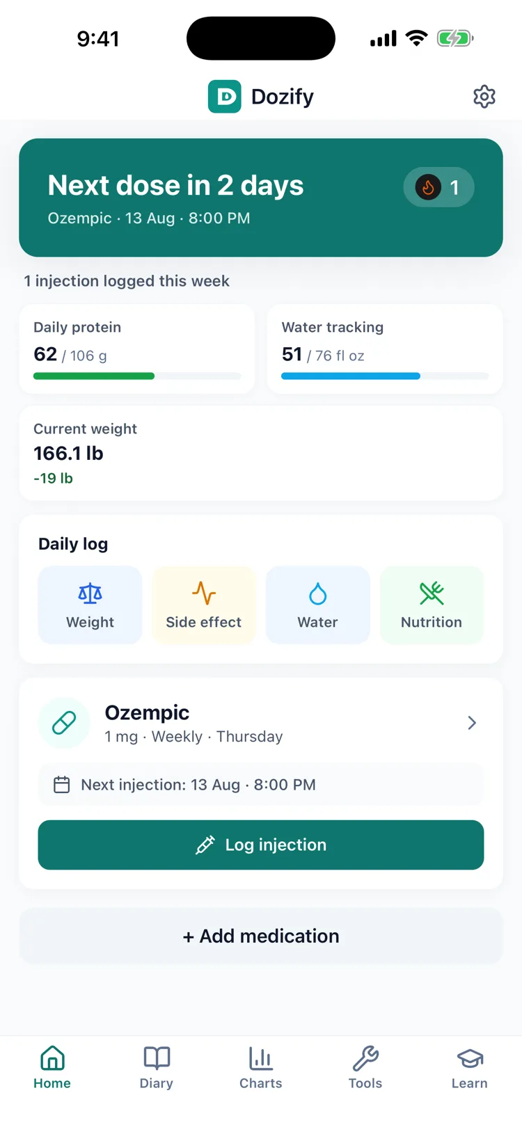 The Dozify home screen: next dose countdown, this week's injections, protein and water for the day, and current weight