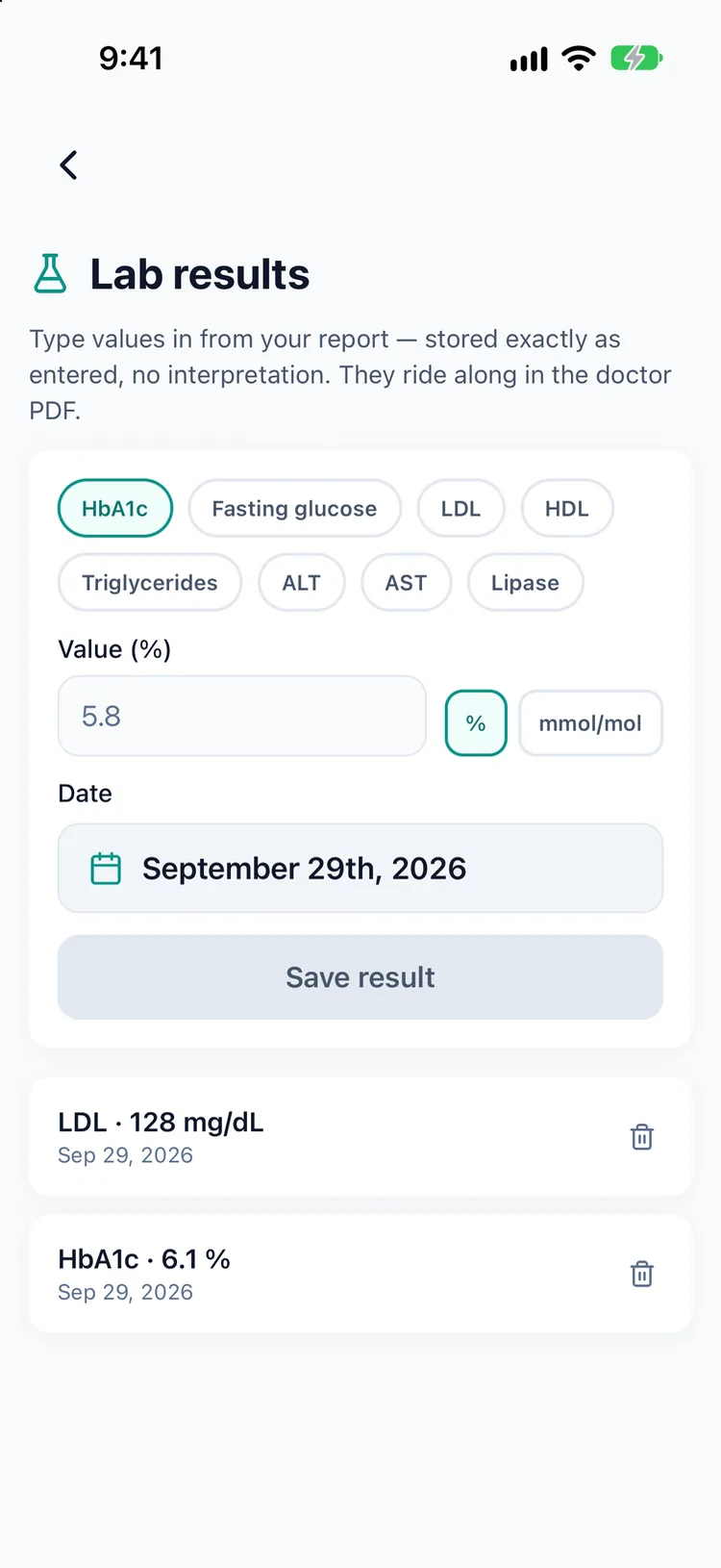 Lab results screen with HbA1c and LDL entries stored exactly as entered