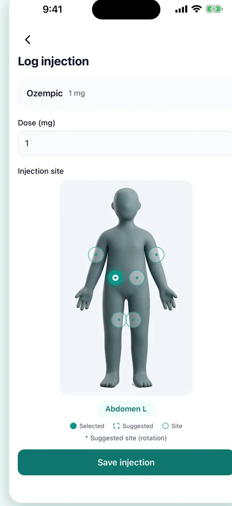 Logging an injection with a body-site map that suggests the next rotation site