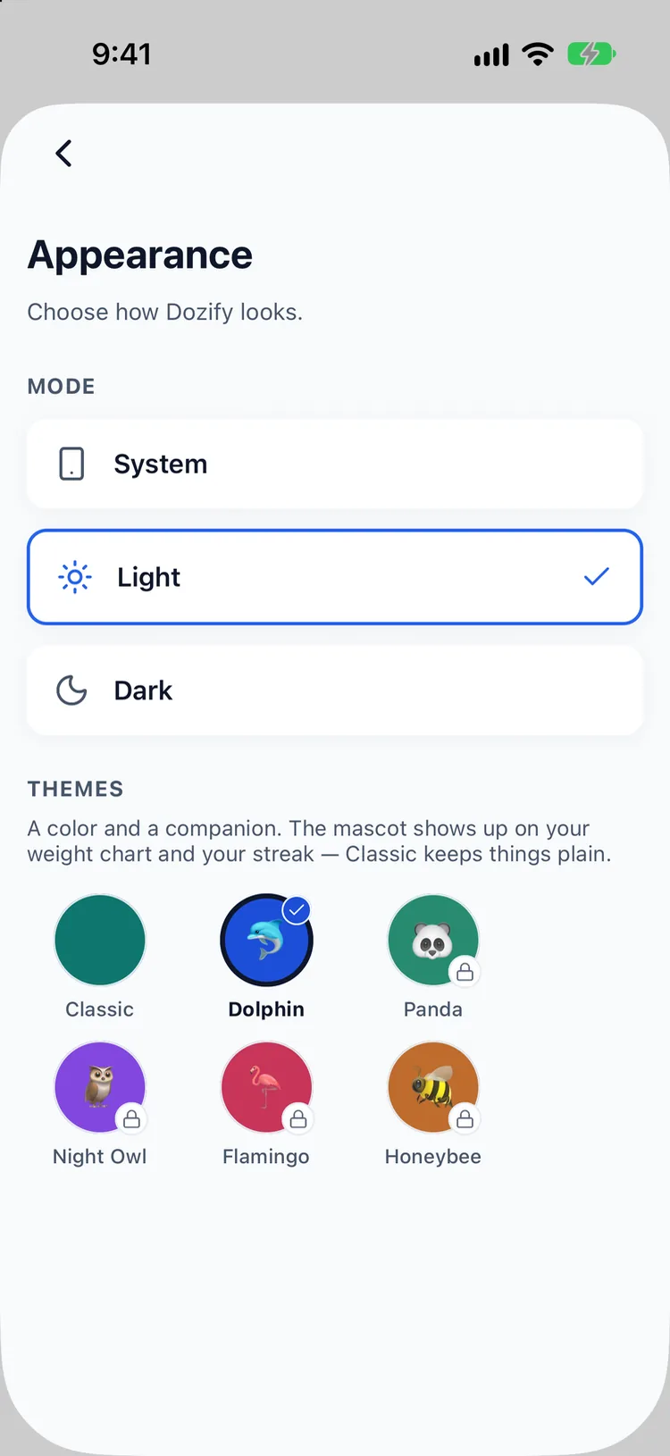 Theme picker with six mascots: Classic, Dolphin, Panda, Night Owl, Flamingo and Honeybee