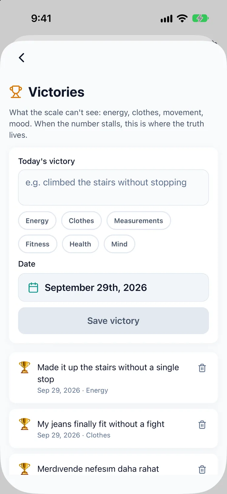 The Victories journal with entries like clothes fitting better and easier stairs