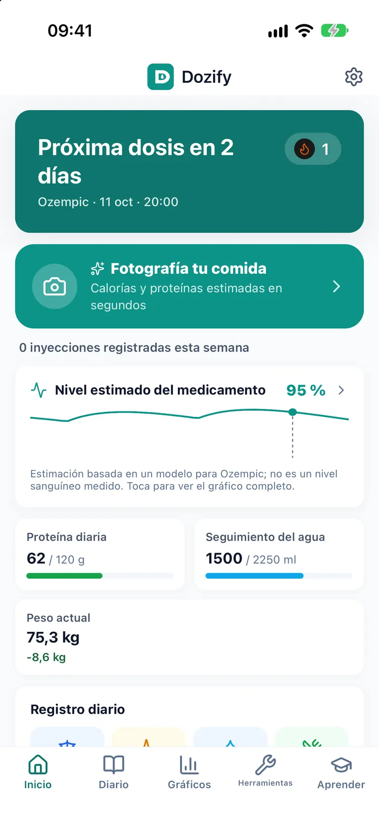 La pantalla de inicio de Dozify: cuenta atrás para la próxima dosis, inyecciones de esta semana, proteína y agua del día y peso actual