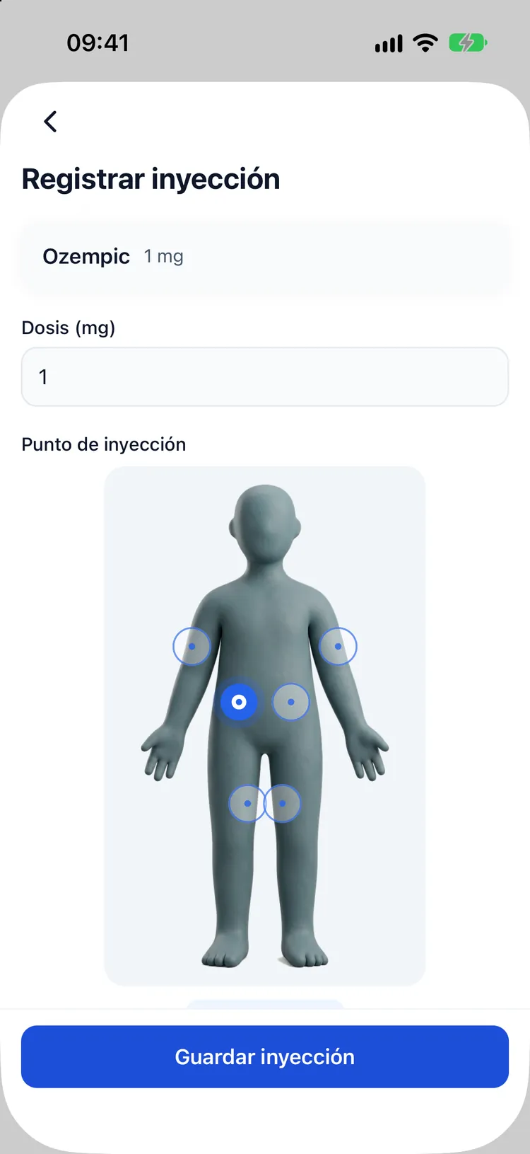 Registro de una inyección con un mapa de zonas del cuerpo que sugiere la siguiente zona de rotación