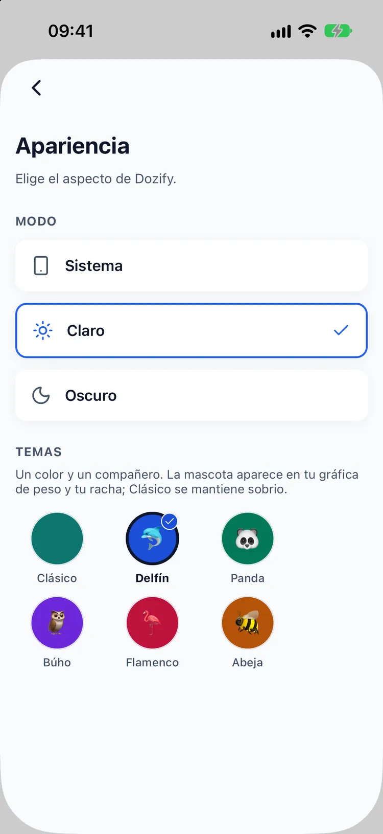Selector de temas con seis mascotas: Clásico, Delfín, Panda, Búho, Flamenco y Abeja