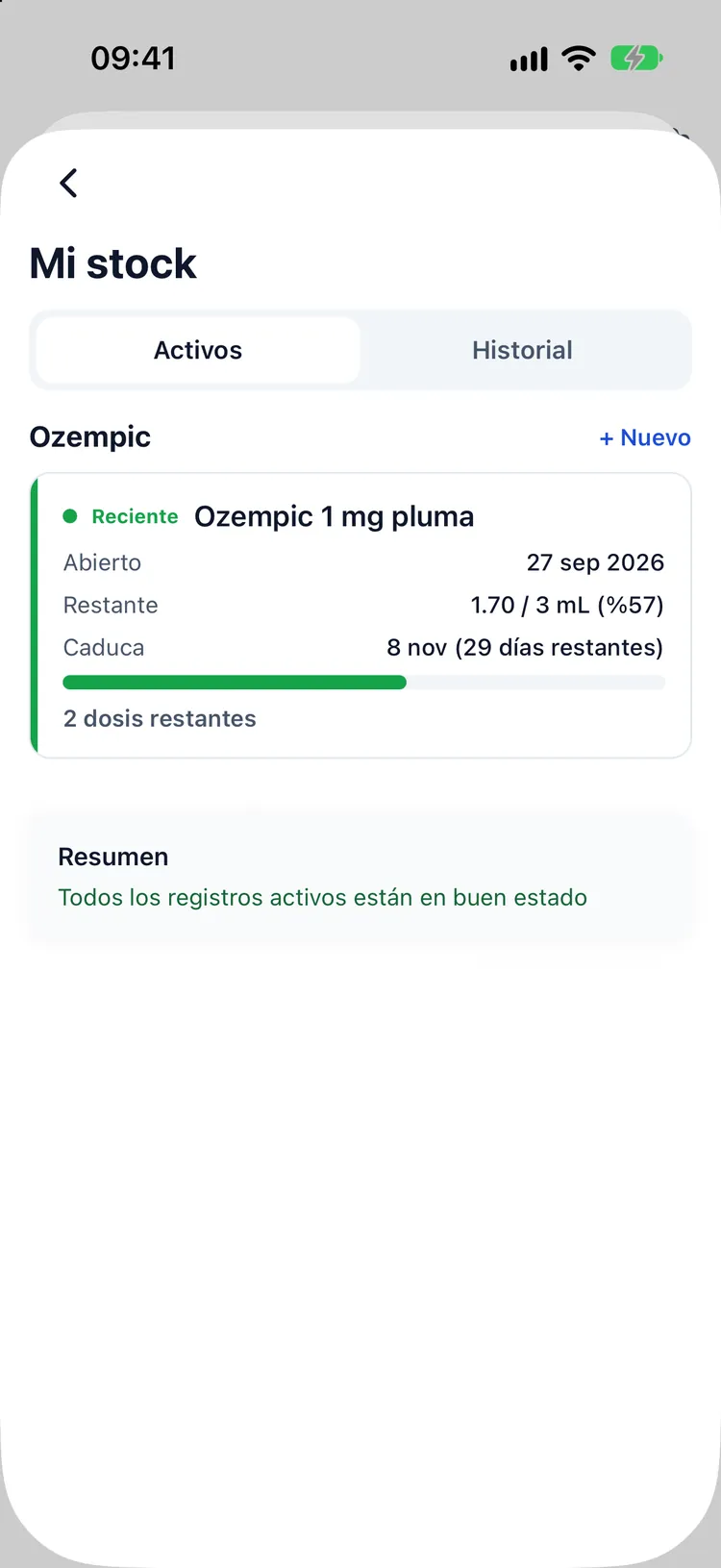 Stock de viales, dosis restantes, días desde la apertura y fecha de caducidad