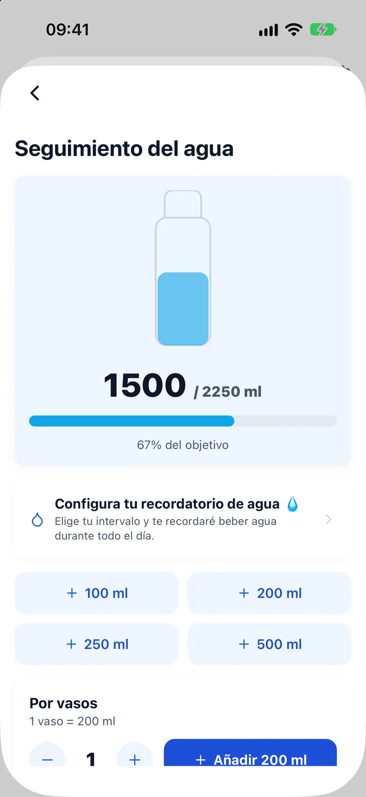 Registro de agua con una calculadora de vasos y cantidades de añadido rápido