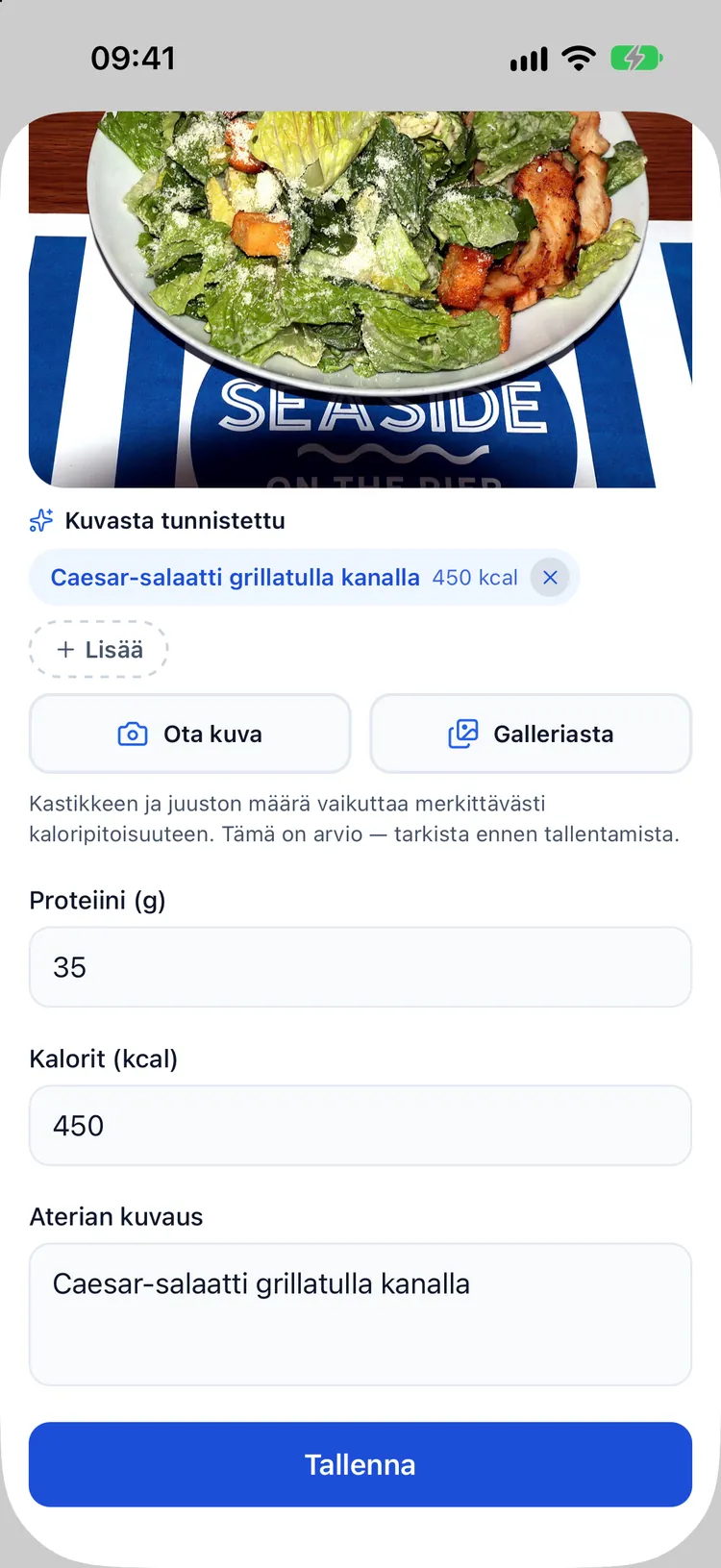 Tekoälyn kuvapohjainen kaloriarvio täytettynä ravintolomakkeeseen: kana-caesarsalaatti, 625 kcal, 55 g proteiinia, ja huomautus epävarmuudesta