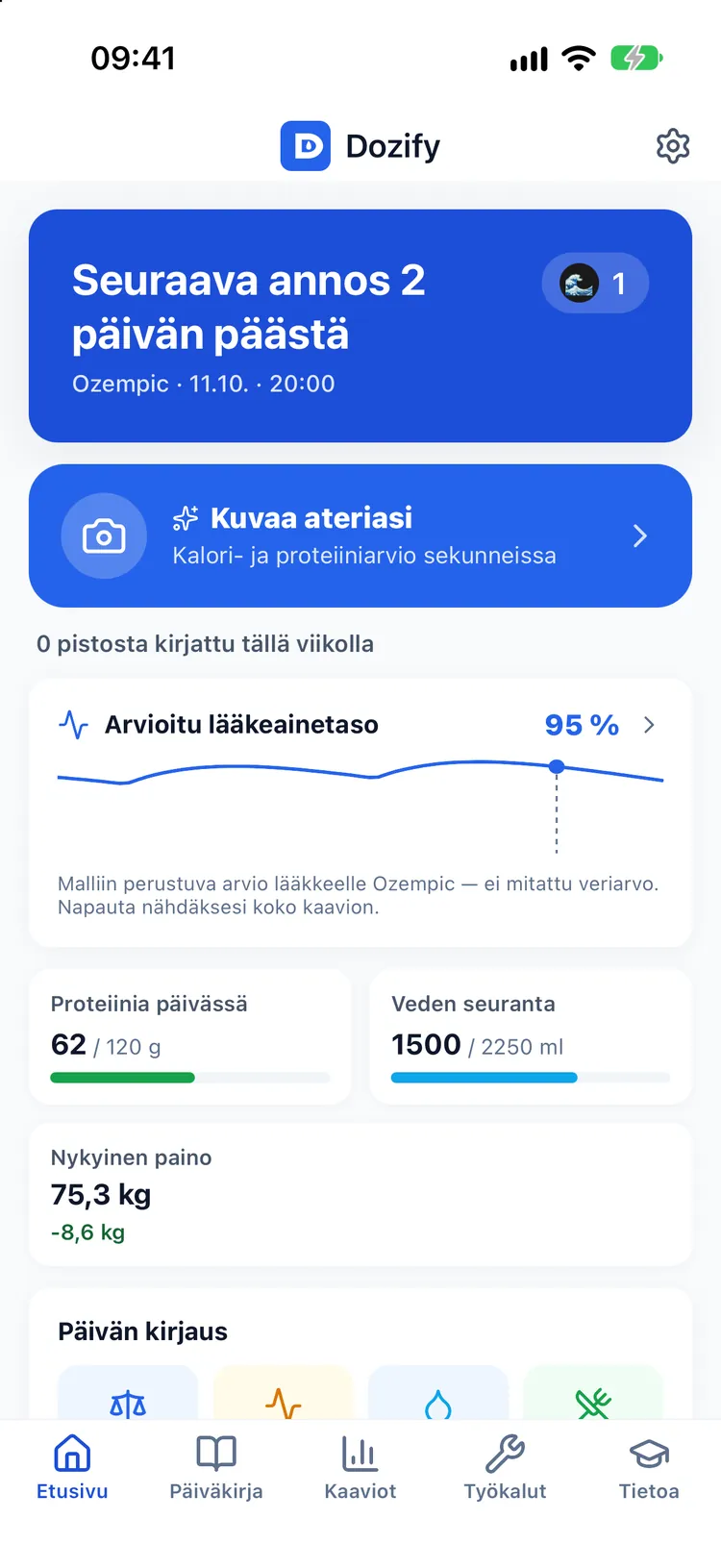 Dozifyn aloitusnäkymä Delfiini-teemassa: seuraava annos, Kuvaa ateriasi, lääkepitoisuus, proteiini, vesi ja paino