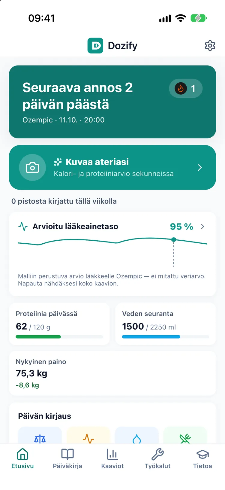 Dozifyn aloitusnäkymä: lähtölaskenta seuraavaan annokseen, tämän viikon pistokset, päivän proteiini ja vesi sekä nykyinen paino