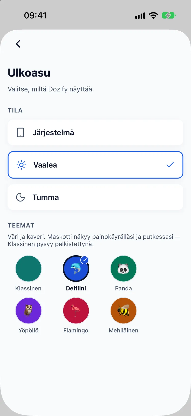 Teemanvalitsin, jossa kuusi maskottia: Klassinen, Delfiini, Panda, Yöpöllö, Flamingo ja Mehiläinen
