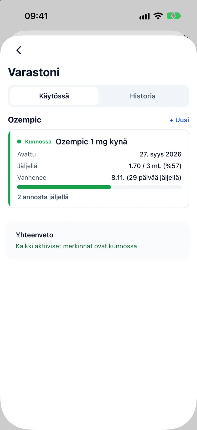 Injektiopullovarasto, jäljellä olevat annokset, päivät avaamisesta ja viimeinen käyttöpäivä