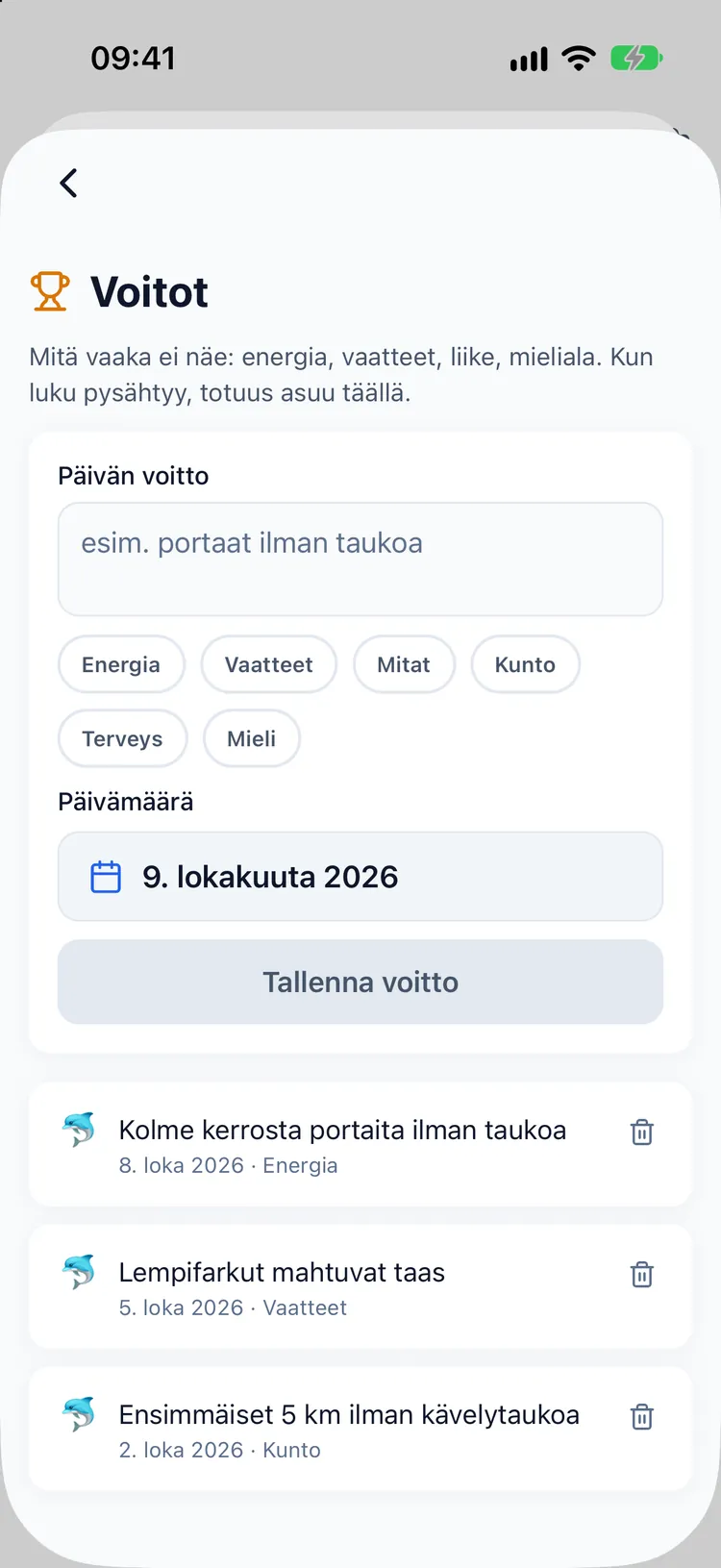 Voittopäiväkirja merkinnöillä, kuten paremmin istuvat vaatteet ja helpommat portaat