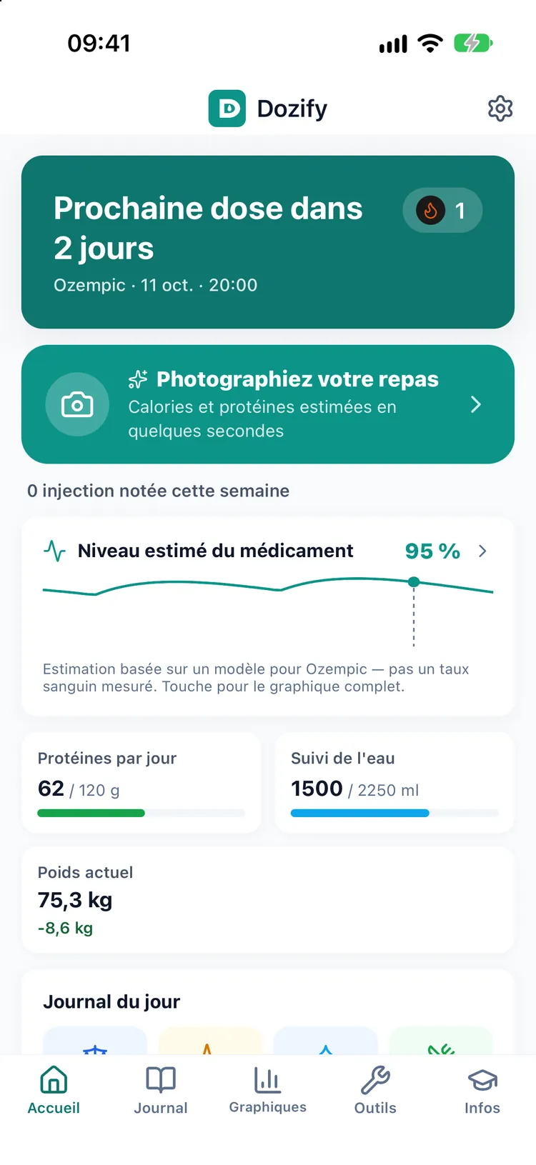 L’écran d’accueil de Dozify : compte à rebours avant la prochaine dose, injections de la semaine, protéines et eau du jour, et poids actuel