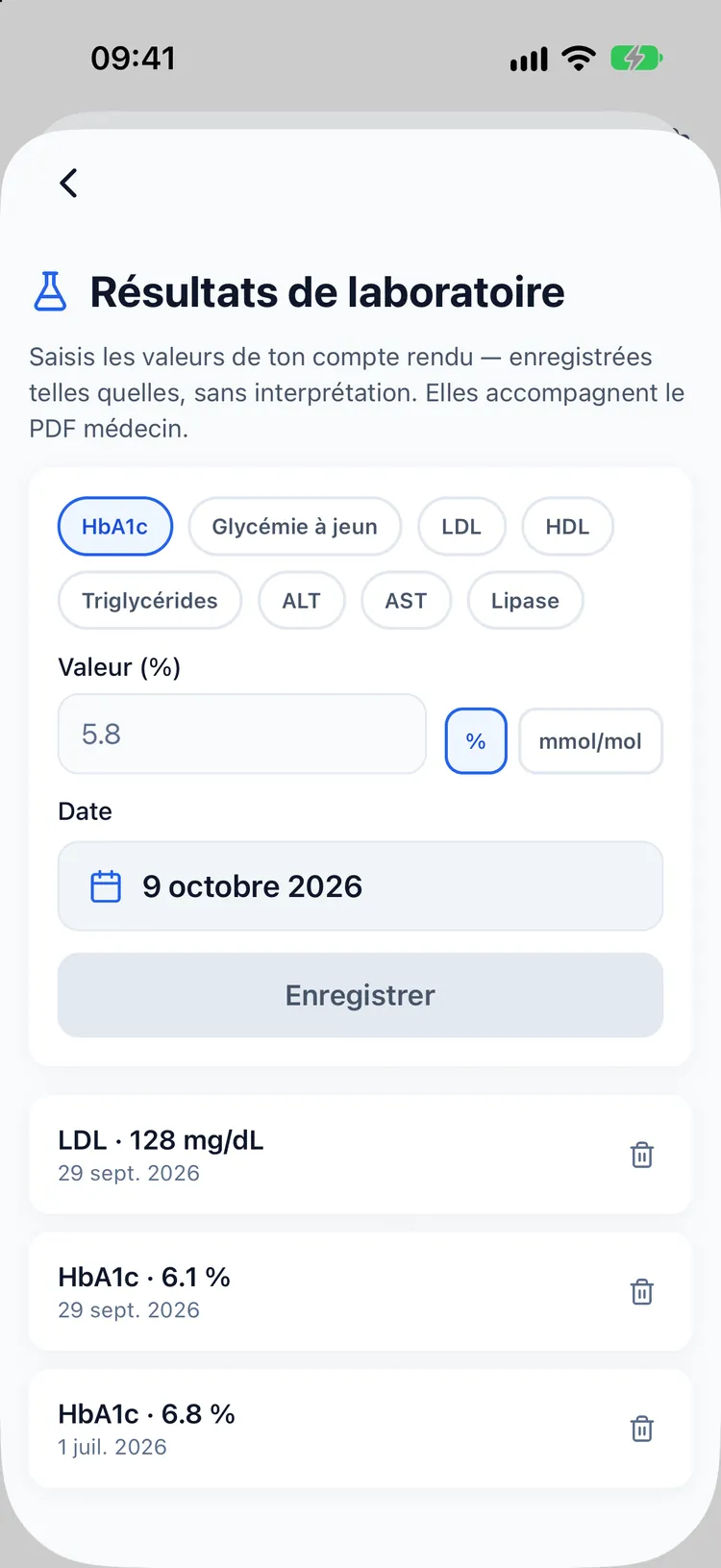 Écran des résultats d’analyses avec des valeurs d’HbA1c et de LDL enregistrées exactement comme saisies