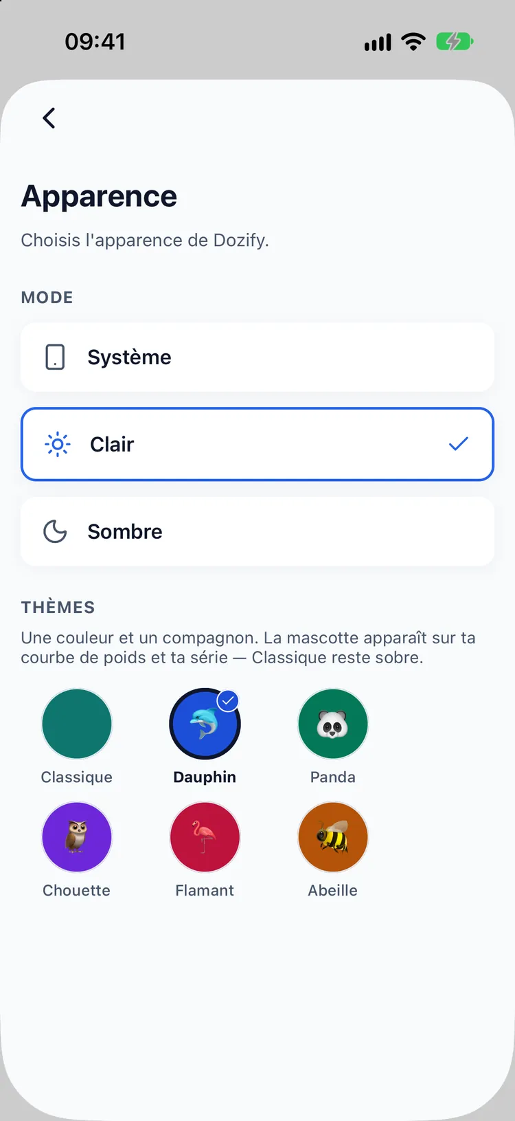 Sélecteur de thème avec six mascottes : Classique, Dauphin, Panda, Chouette, Flamant et Abeille