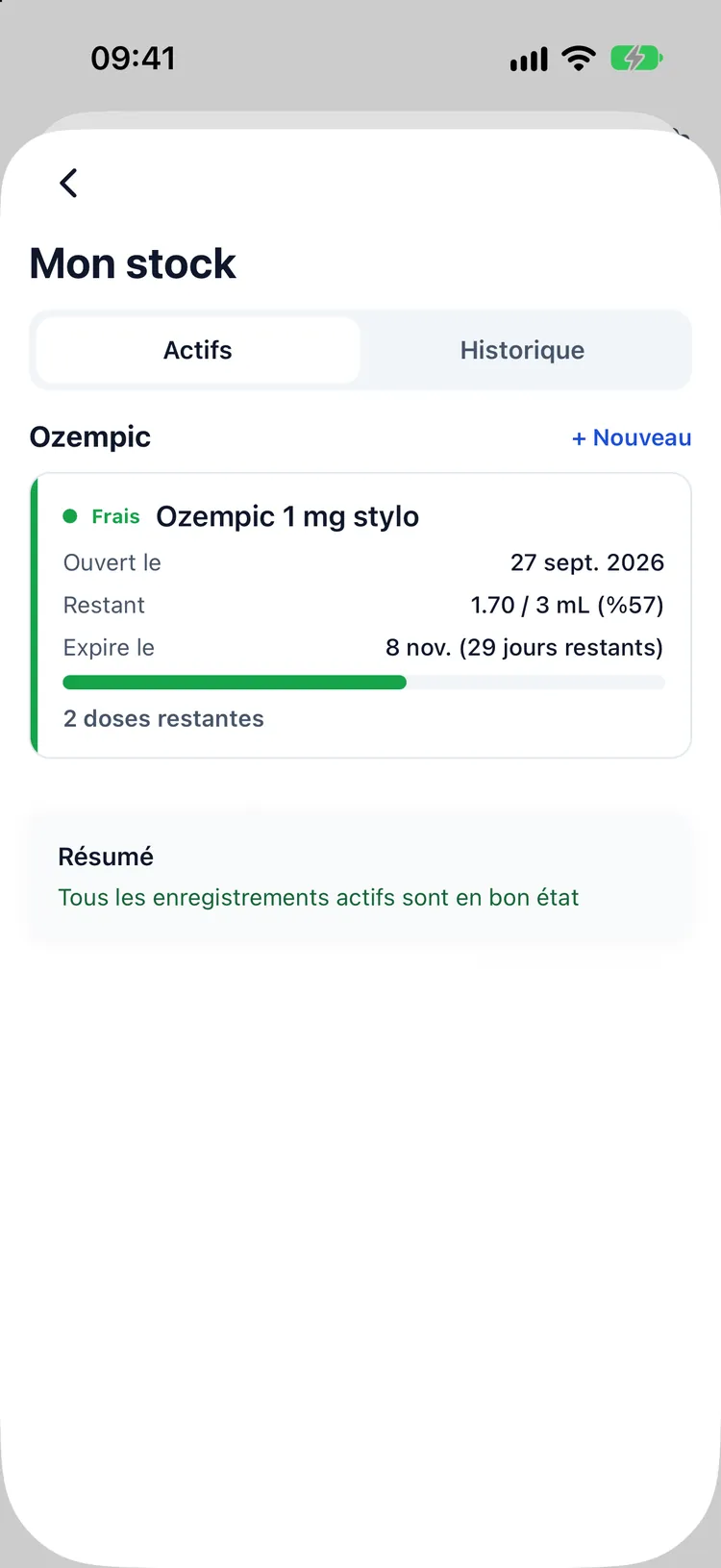 Stock de flacons, doses restantes, jours depuis l’ouverture et date de péremption