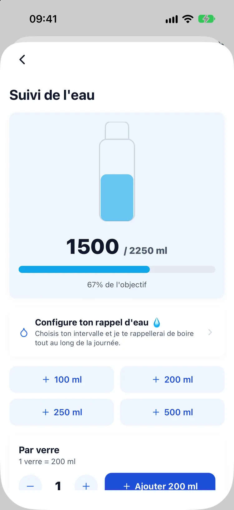 Suivi de l’eau avec un calculateur en verres et des quantités à ajout rapide