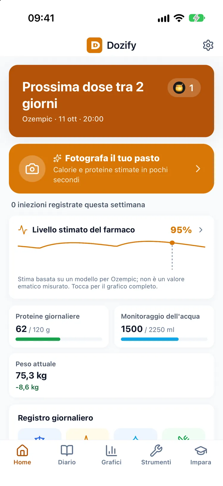 Impostazioni con il tema arancione Ape