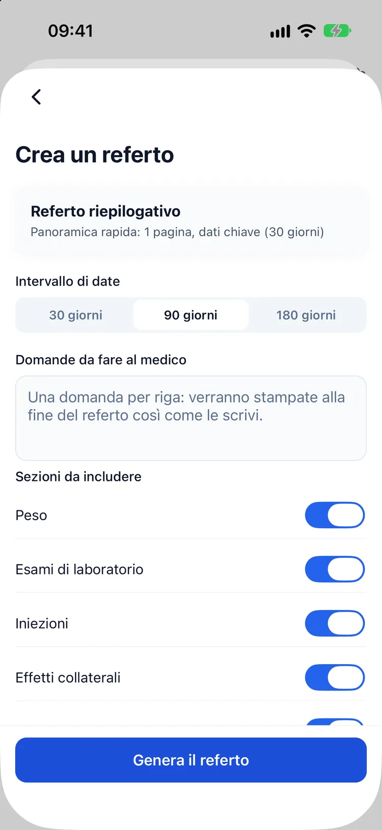 Creazione di un report per la visita medica: periodo, sezioni da includere e le domande che vuoi fare