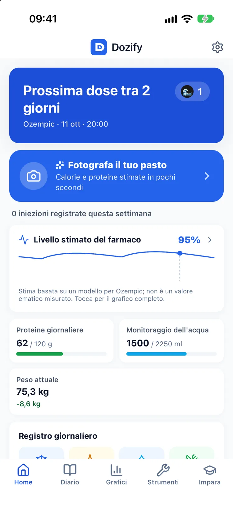La schermata Home di Dozify con il tema Delfino: prossima dose, “Fotografa il tuo pasto”, livello del farmaco, proteine, acqua e peso