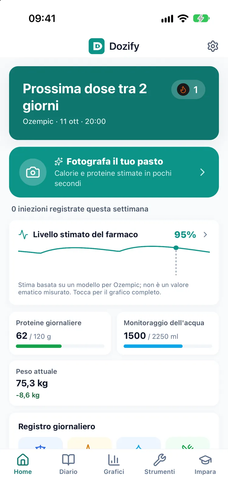 La schermata home di Dozify: conto alla rovescia per la prossima dose, iniezioni della settimana, proteine e acqua del giorno e peso attuale